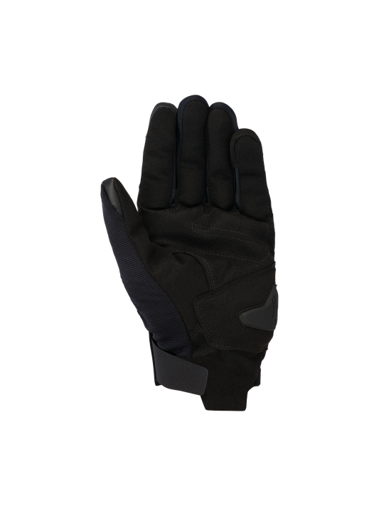 Alpinestars Reef V2 Gloves, Black Urban Motorcycle Gloves, palm view featuring synthetic suede construction with reinforced padding, short cuff with hook-and-loop closure, touchscreen-compatible index finger and thumb, ergonomic design for street riding