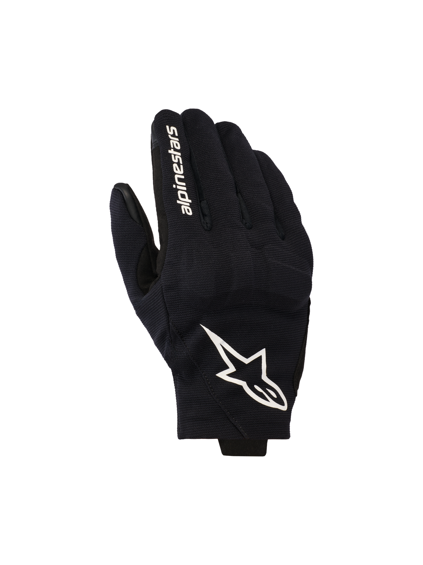 Alpinestars Reef V2 Gloves, Black and White Motorcycle Gloves, featuring a textured stretch fabric top hand with a prominent white star logo and brand lettering on the index finger, short-cuff urban design