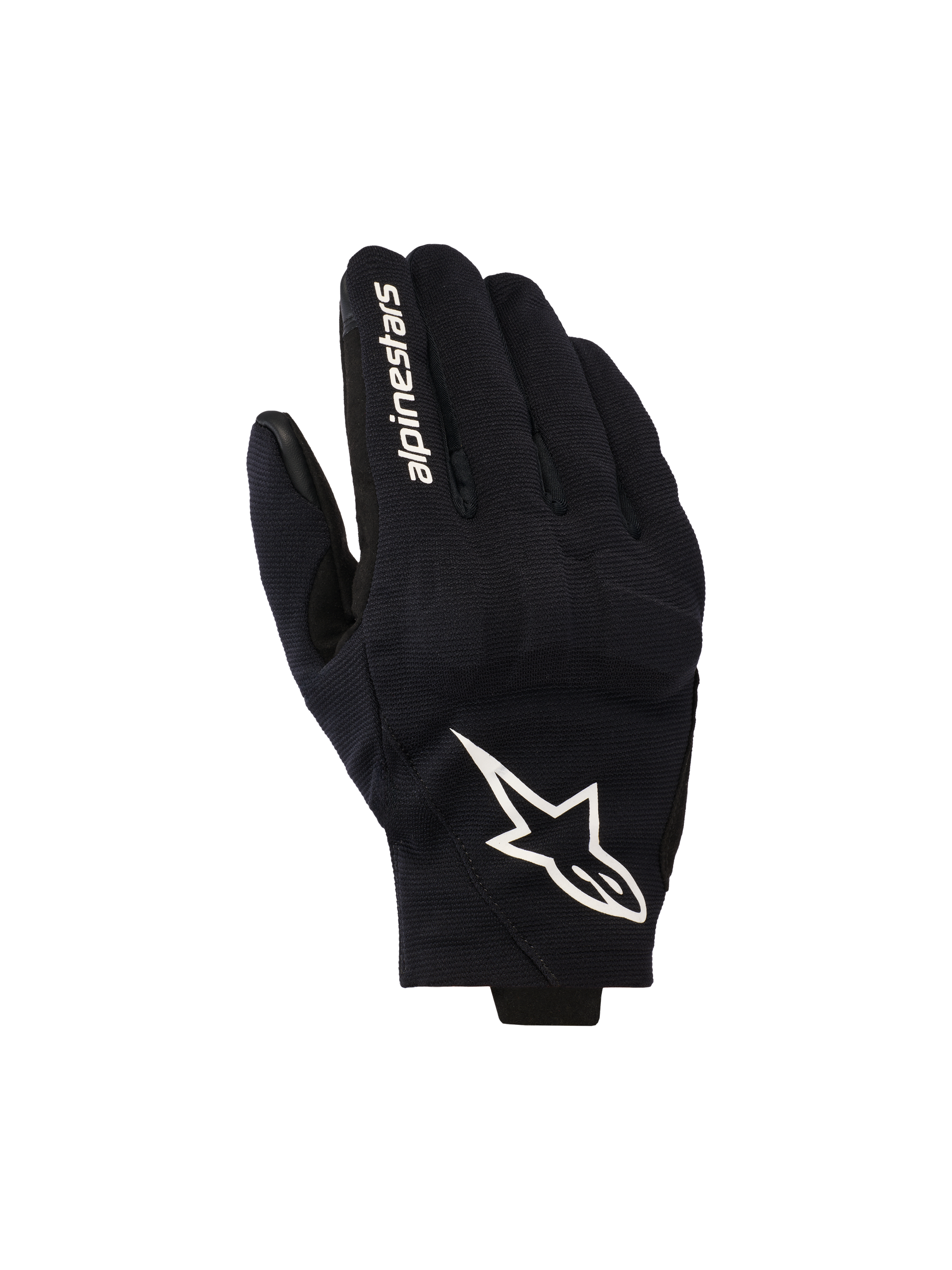 Alpinestars Reef V2 Gloves, Black and White Motorcycle Gloves, featuring a textured stretch fabric top hand with a prominent white star logo and brand lettering on the index finger, short-cuff urban design