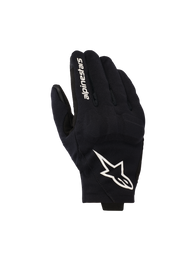 Alpinestars Reef V2 Gloves, Black and White Motorcycle Gloves, featuring a textured stretch fabric top hand with a prominent white star logo and brand lettering on the index finger, short-cuff urban design