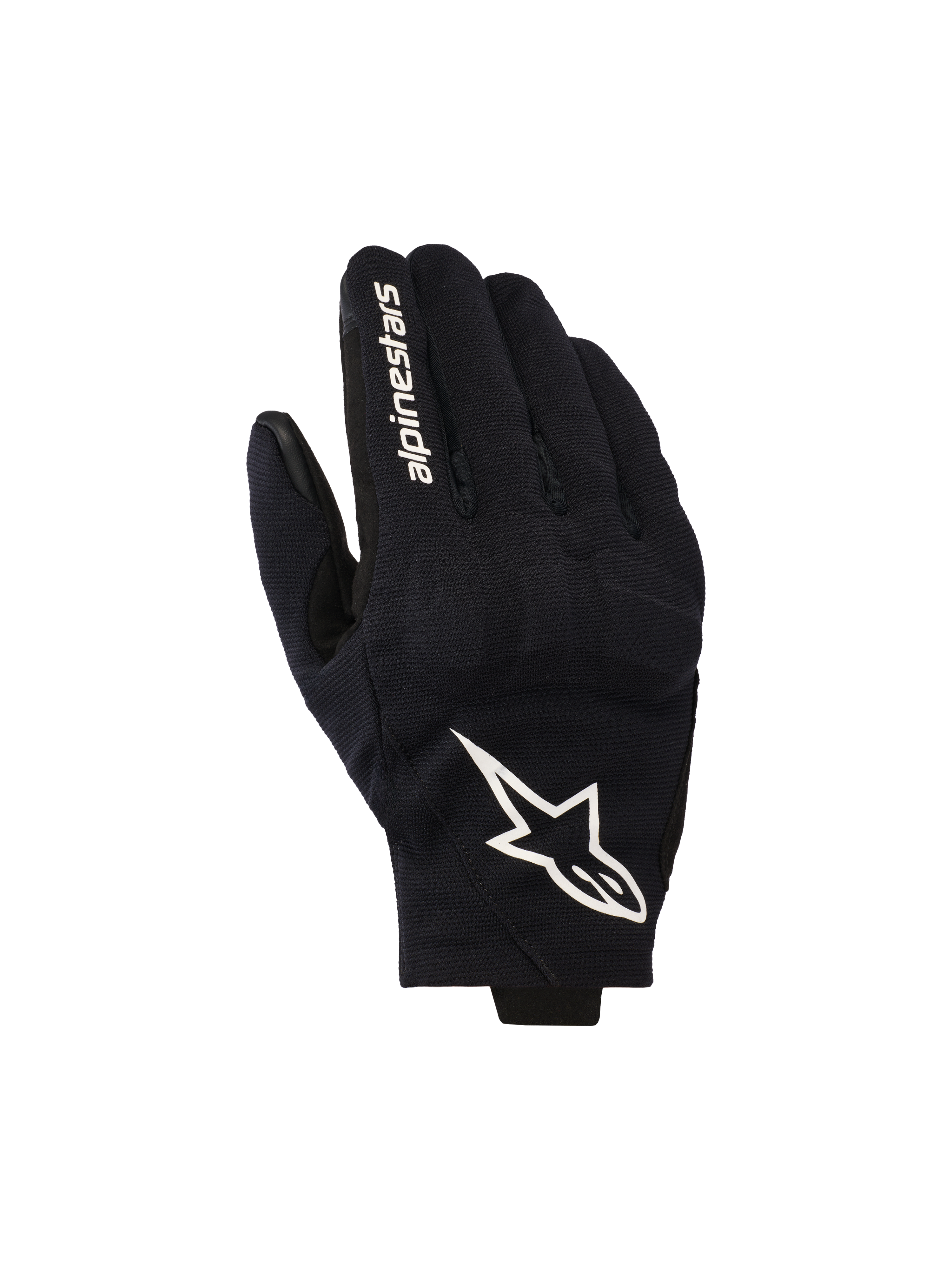Alpinestars Reef V2 Gloves, Black and White Motorcycle Gloves, featuring a textured stretch fabric top hand with a prominent white star logo and brand lettering on the index finger, short-cuff urban design