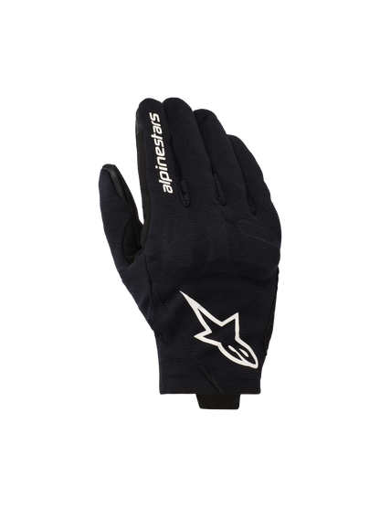 Alpinestars Reef V2 Gloves, Black and White Motorcycle Gloves, featuring a textured stretch fabric top hand with a prominent white star logo and brand lettering on the index finger, short-cuff urban design