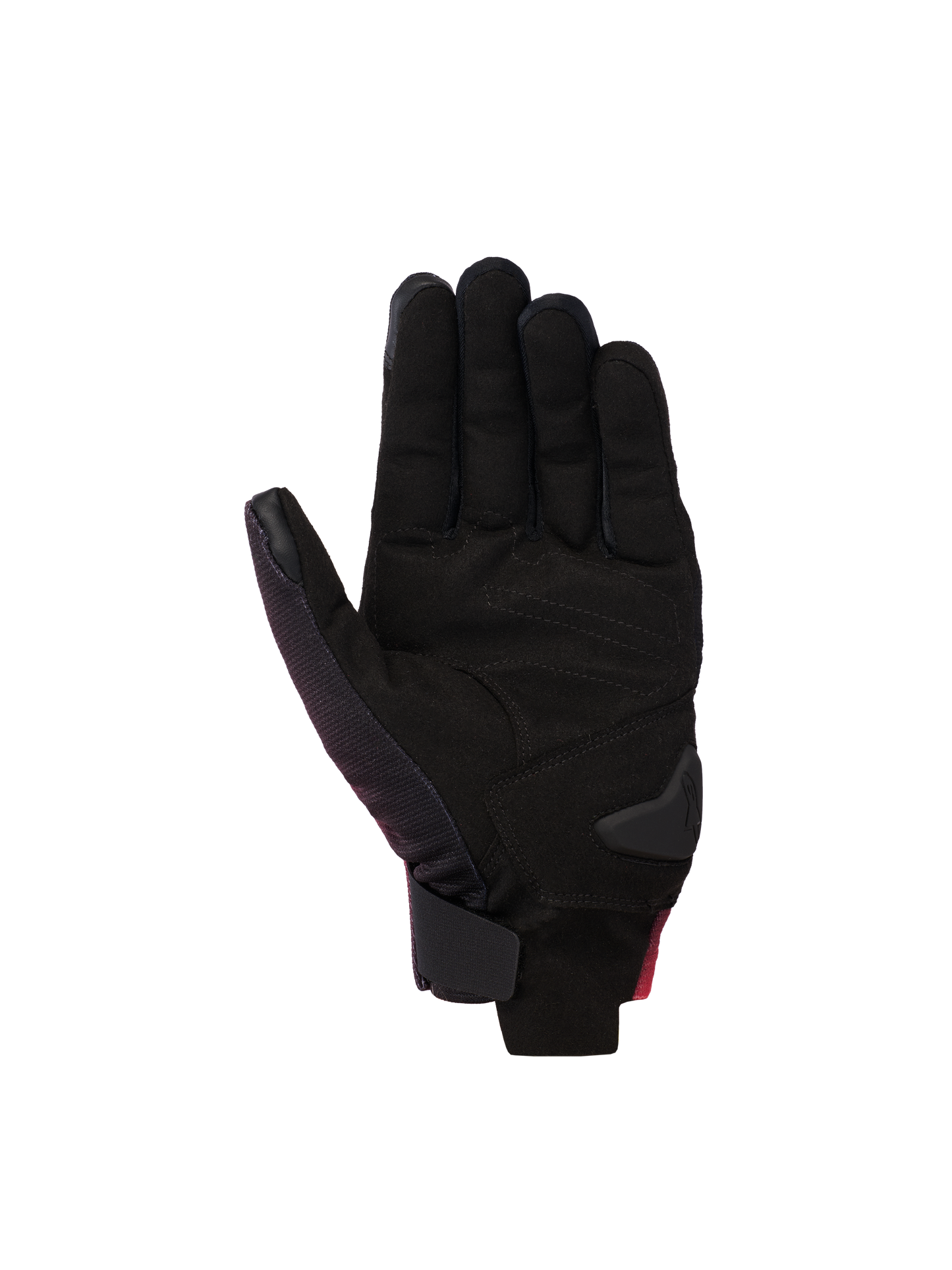 Alpinestars Reef V2 Gloves, motorcycle gloves, Black Red Fluo White, palm view featuring synthetic suede with padded reinforcements, short cuff design with hook-and-loop wrist closure