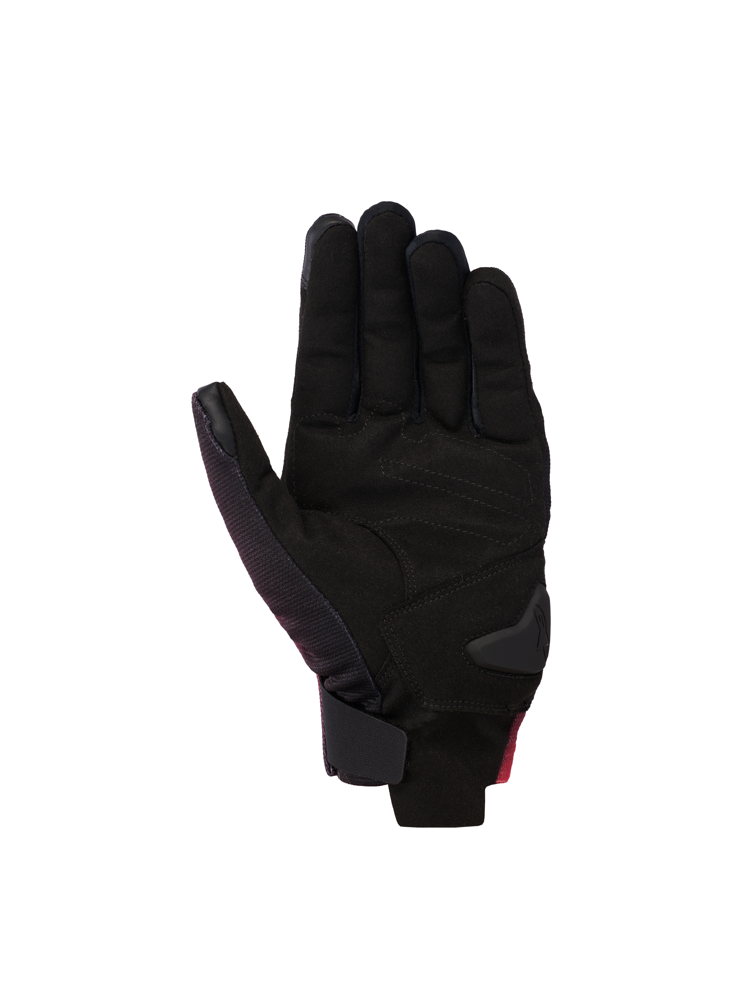 Alpinestars Reef V2 Gloves, motorcycle gloves, Black Red Fluo White, palm view featuring synthetic suede with padded reinforcements, short cuff design with hook-and-loop wrist closure