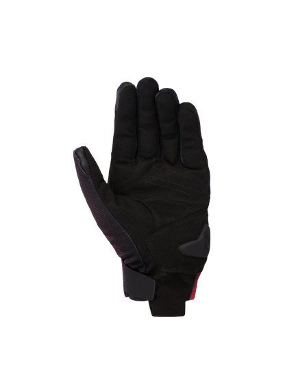 Alpinestars Reef V2 Gloves, motorcycle gloves, Black Red Fluo White, palm view featuring synthetic suede with padded reinforcements, short cuff design with hook-and-loop wrist closure