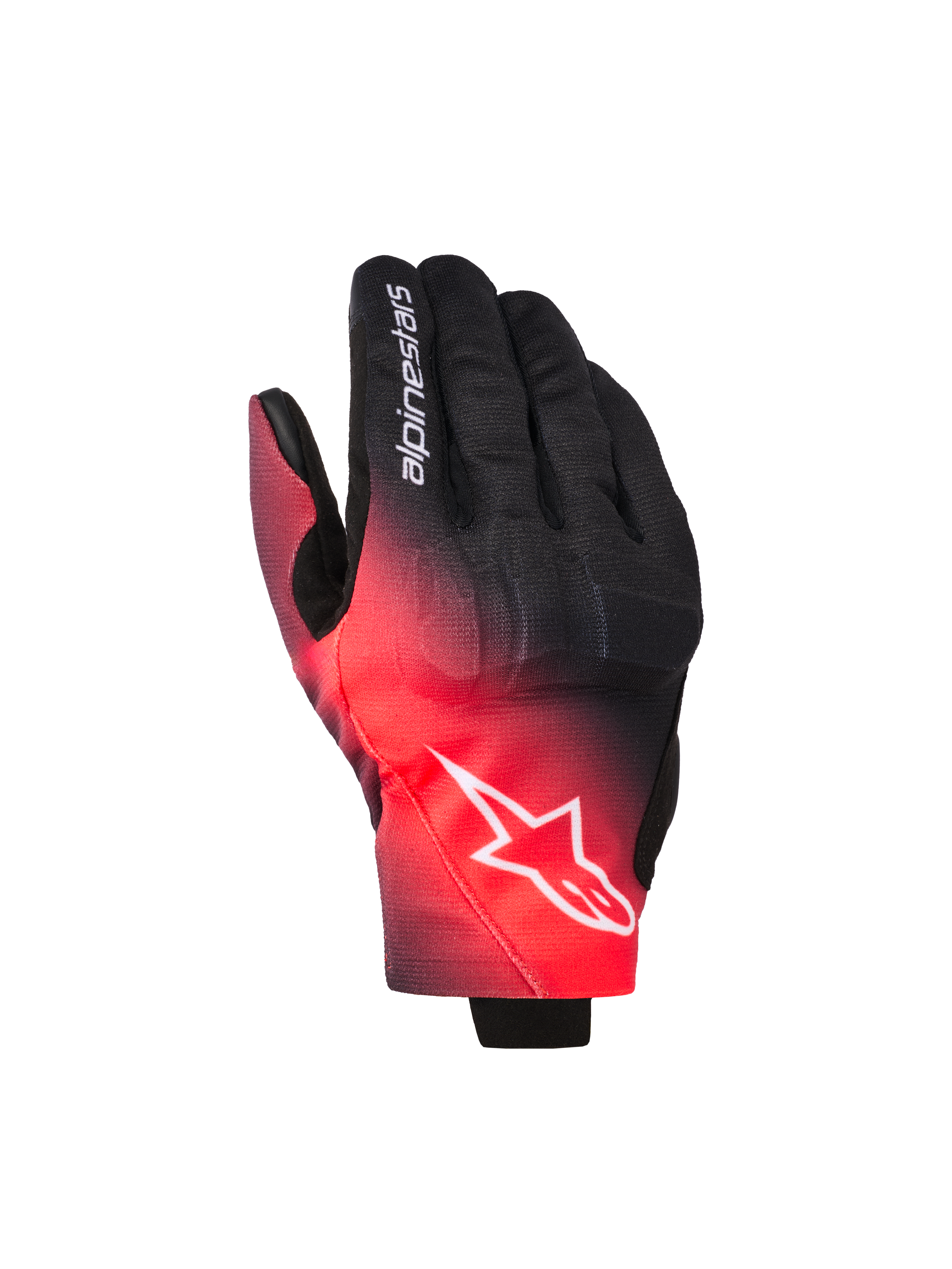Alpinestars Reef V2 Gloves, motorcycle gloves, Black and Red Fluo, featuring a color gradient, white Alpinestars star logo on the backhand and text on the finger, urban road riding style