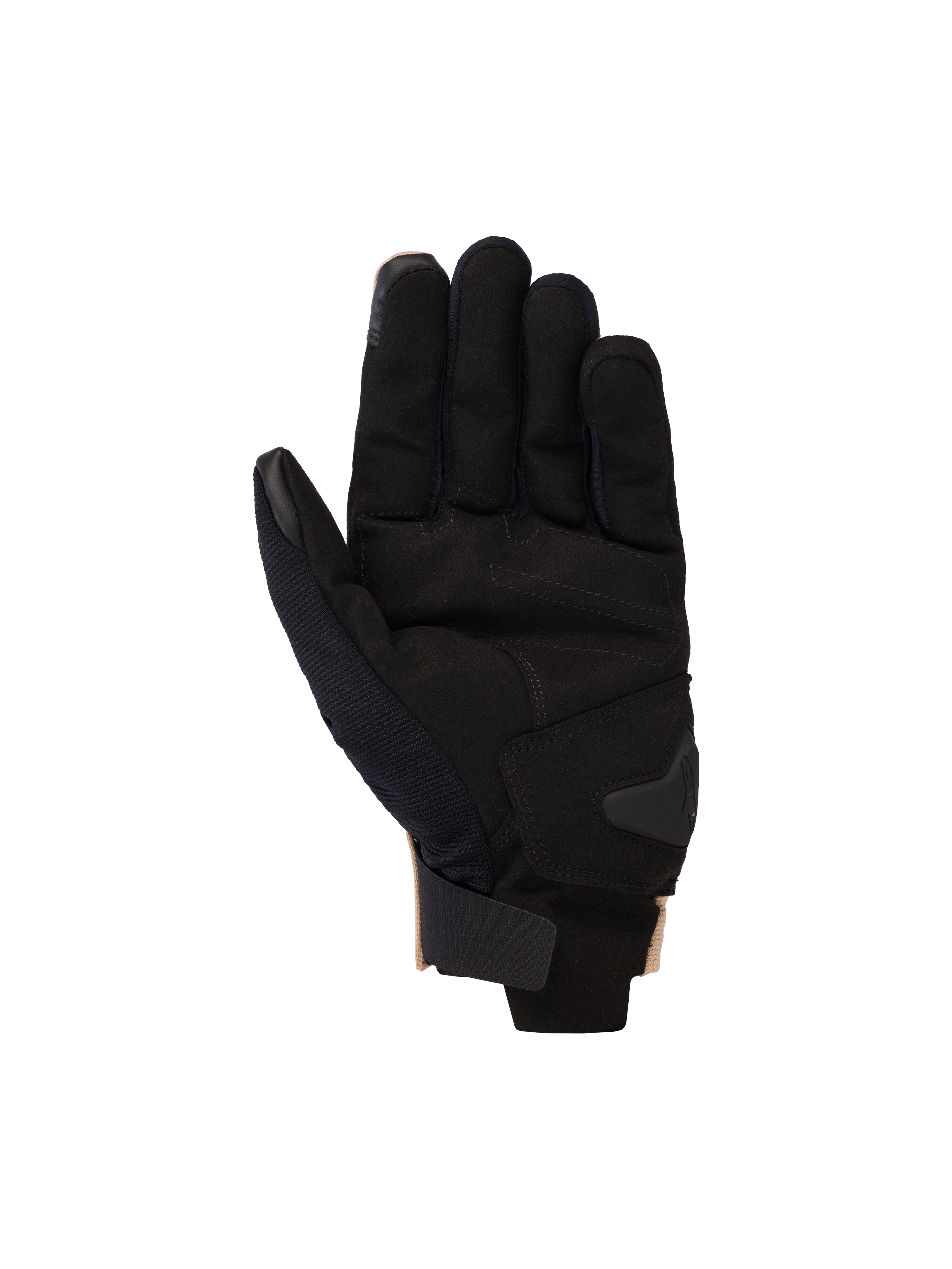 Alpinestars 2025 Reef V2 Gloves, Motorcycle Gloves, Sand Black, palm side view showing synthetic suede palm with padded reinforcement, short cuff with hook-and-loop strap, and touchscreen compatible fingertips