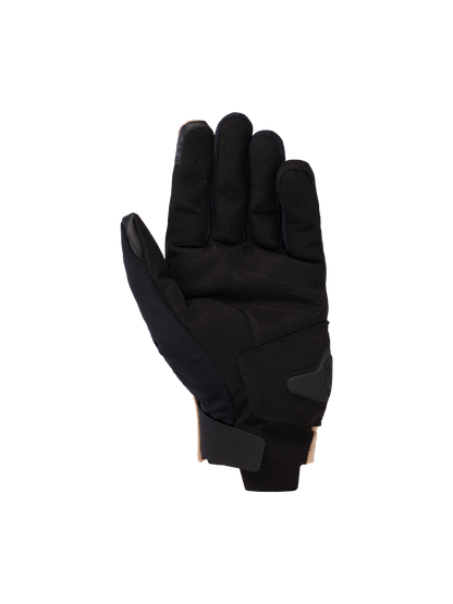 Alpinestars 2025 Reef V2 Gloves, Motorcycle Gloves, Sand Black, palm side view showing synthetic suede palm with padded reinforcement, short cuff with hook-and-loop strap, and touchscreen compatible fingertips