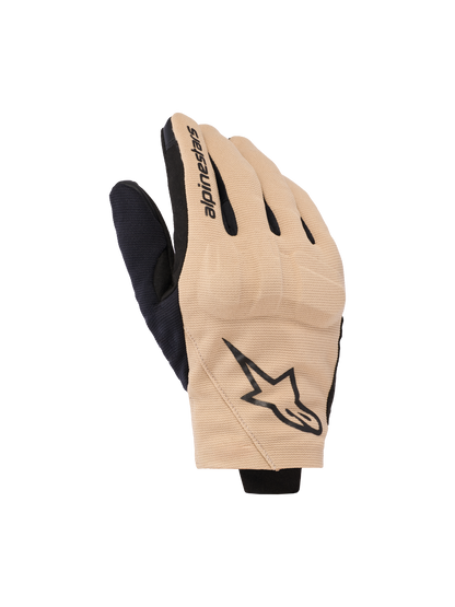 Alpinestars Reef V2 Gloves, Motorcycle Gloves, Sand and Black, short cuff urban design with ventilated stretch fabric, features black star logo on backhand and Alpinestars text on index finger, modern road riding gear