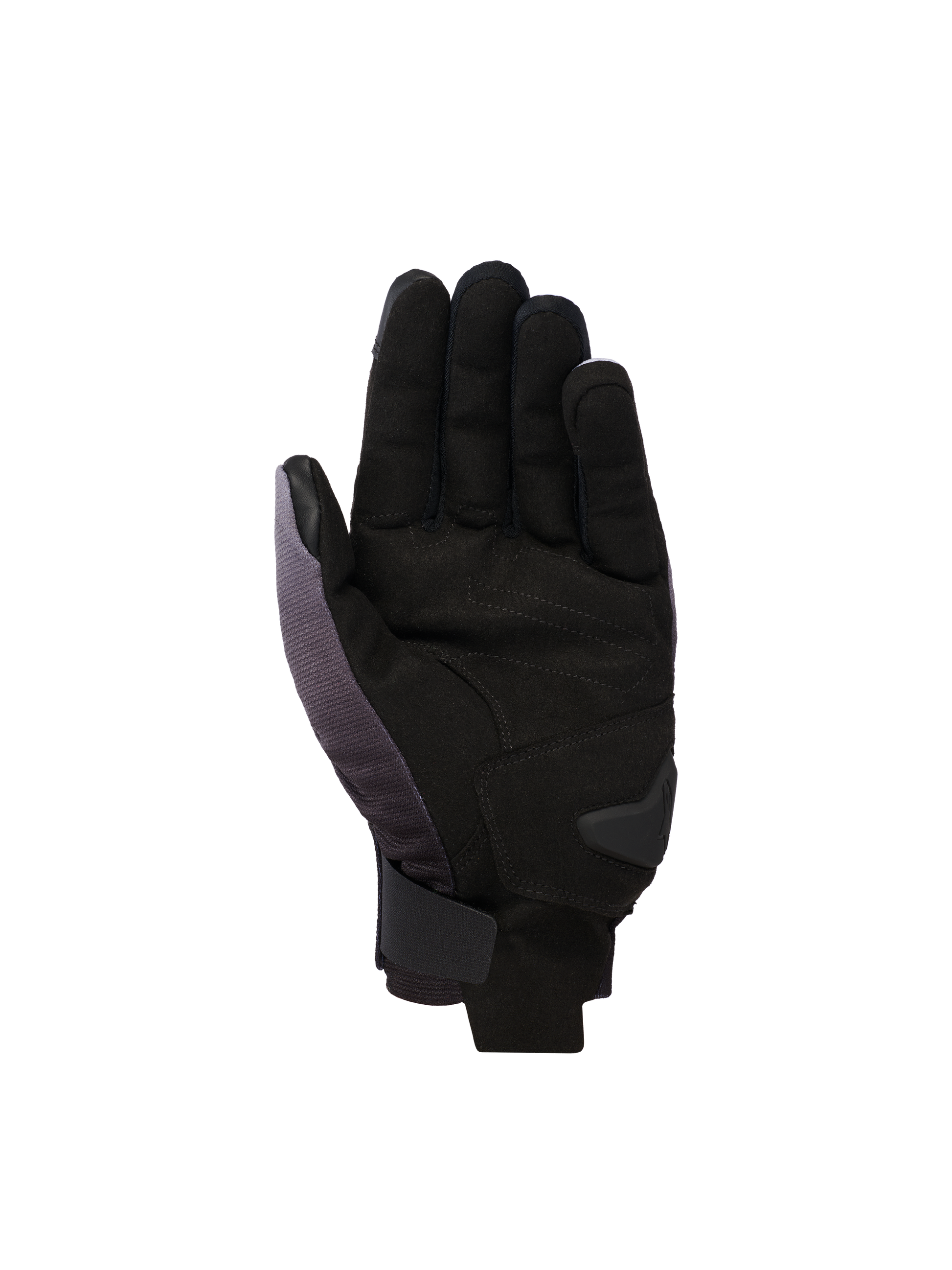Alpinestars Reef V2 Gloves, short-cuff motorcycle gloves, Mid Gray Black White, palm-side view featuring synthetic suede with padded reinforcement and a secure hook-and-loop wrist closure.