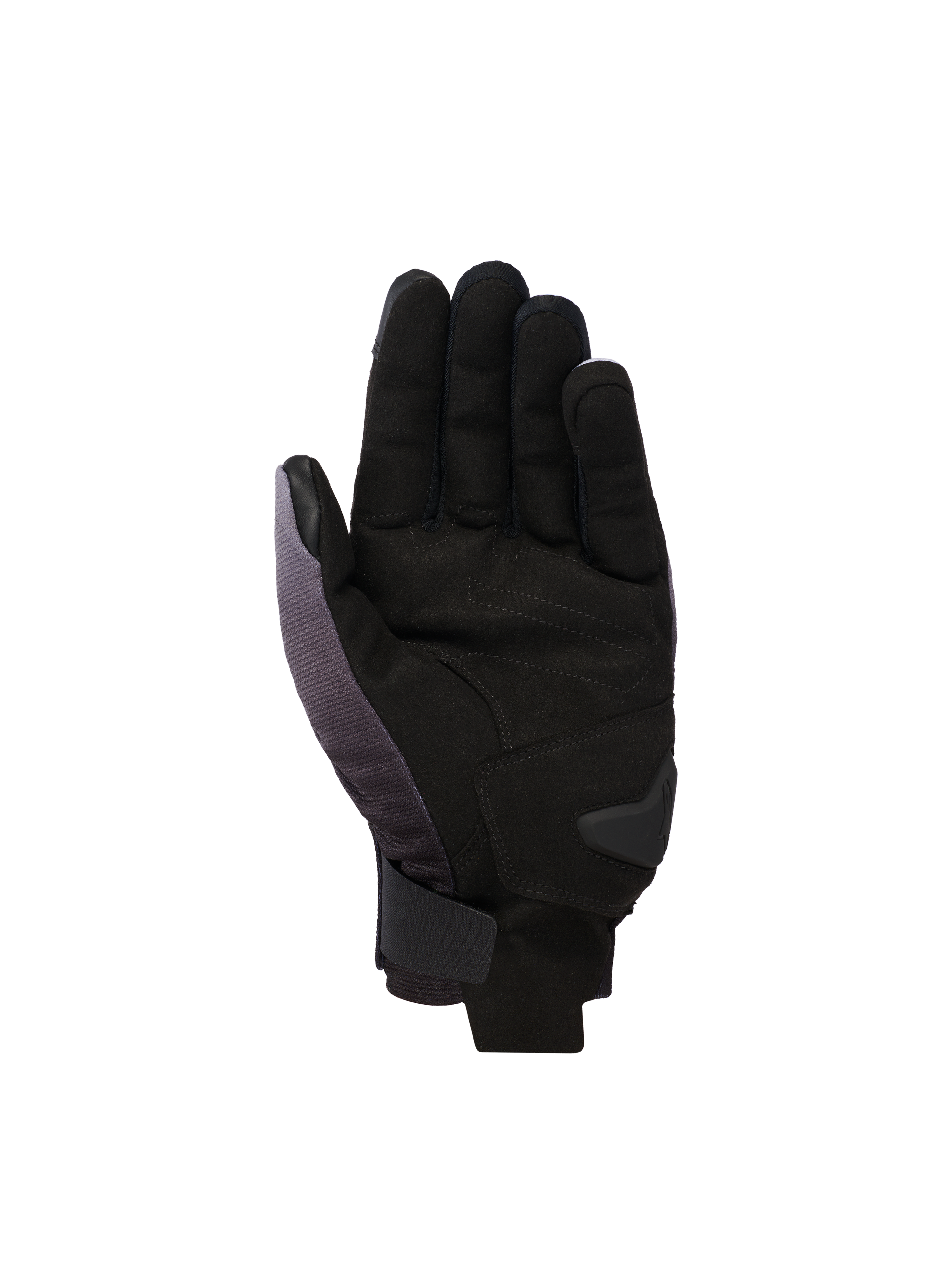 Alpinestars Reef V2 Gloves, short-cuff motorcycle gloves, Mid Gray Black White, palm-side view featuring synthetic suede with padded reinforcement and a secure hook-and-loop wrist closure.