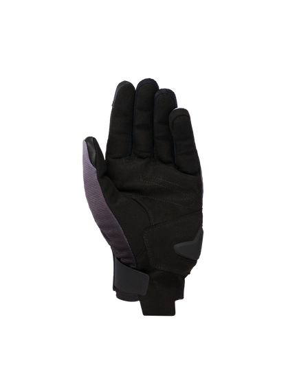 Alpinestars Reef V2 Gloves, short-cuff motorcycle gloves, Mid Gray Black White, palm-side view featuring synthetic suede with padded reinforcement and a secure hook-and-loop wrist closure.