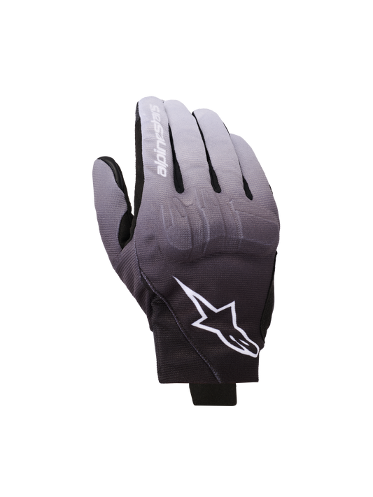 Alpinestars Reef V2 Gloves, Motorcycle Gloves, Mid Gray and Black gradient, White Star Logo and brand name on index finger, short cuff urban design with TPU knuckle protection and stretch textile