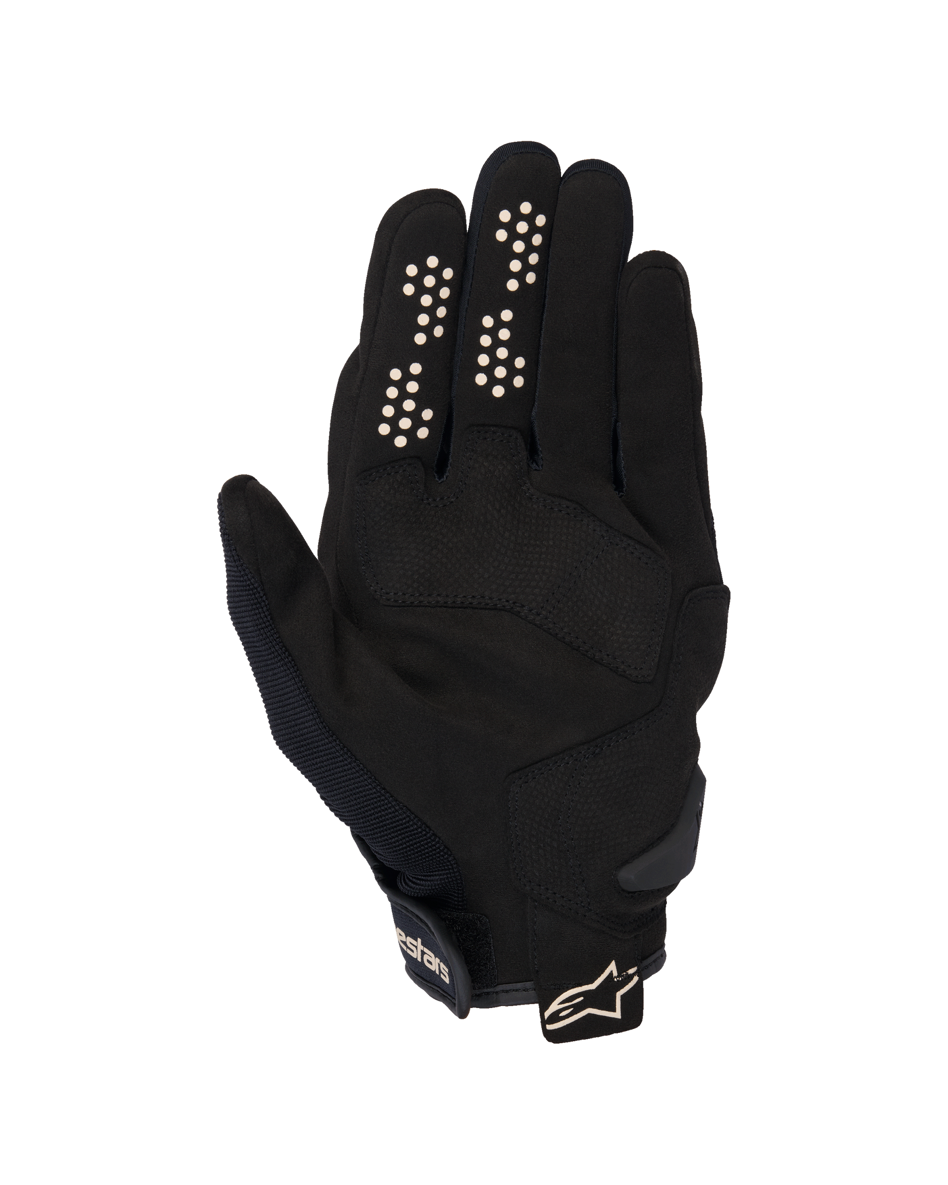 Alpinestars Chrome V2 Gloves, Urban Motorcycle Gloves, Black and Almond, palm side view featuring synthetic suede palm, silicone grip dots on index and middle fingers, and short cuff with adjustable strap and logo.