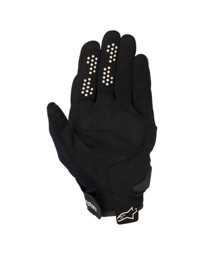 Alpinestars Chrome V2 Gloves, Urban Motorcycle Gloves, Black and Almond, palm side view featuring synthetic suede palm, silicone grip dots on index and middle fingers, and short cuff with adjustable strap and logo.