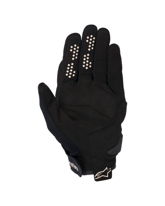 Alpinestars Chrome V2 Gloves, Urban Motorcycle Gloves, Black and Almond, palm side view featuring synthetic suede palm, silicone grip dots on index and middle fingers, and short cuff with adjustable strap and logo.