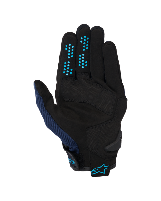 Alpinestars Chrome V2 Gloves, Dark Blue Hawaiian Ocean, palm view, black synthetic suede construction with blue silicone grip dots on fingers, breathable mesh on thumb, and adjustable cuff with blue Alpinestars logo.