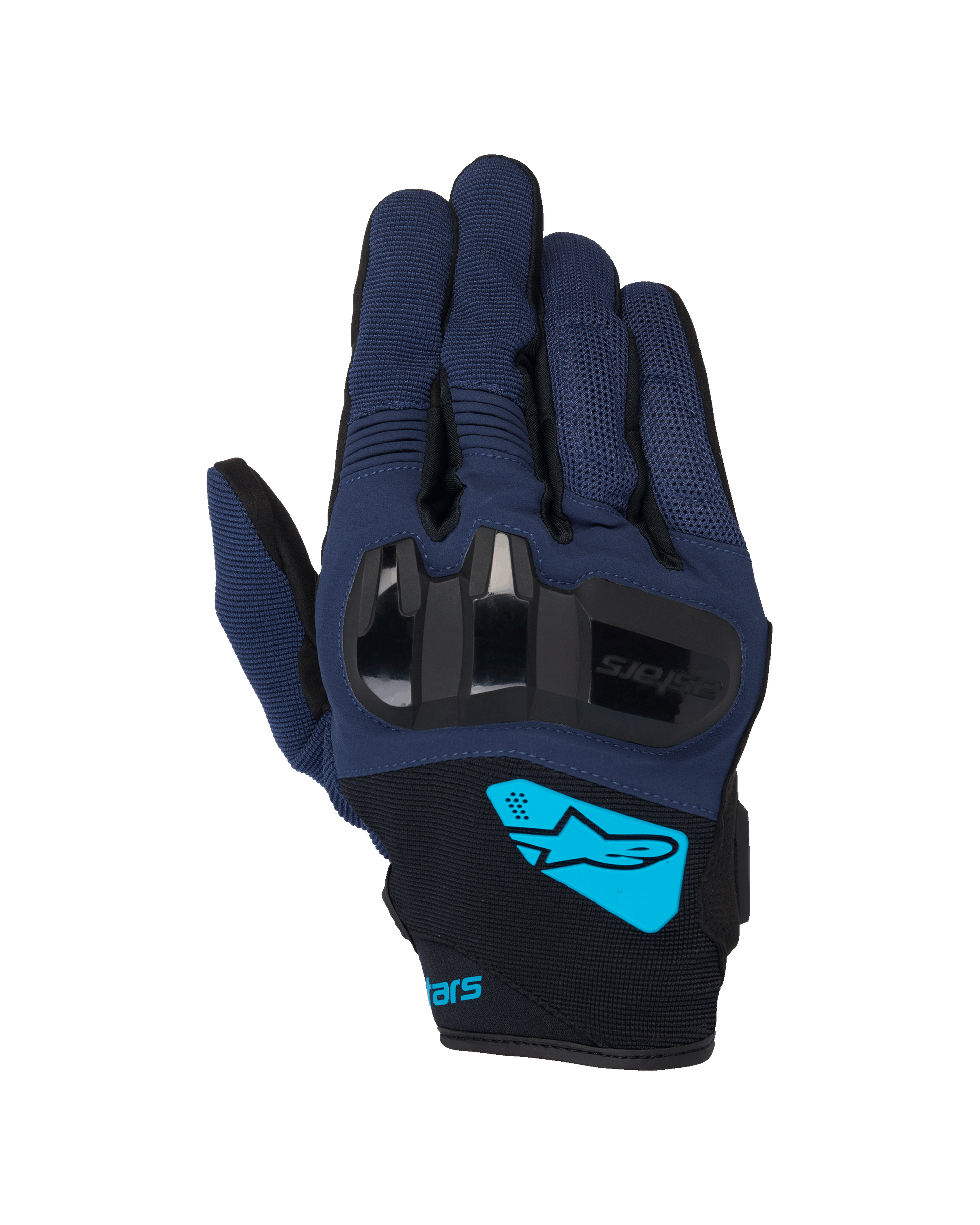Alpinestars Chrome V2 Gloves, Motorcycle Gloves, Dark Blue and Black, featuring hard TPU knuckle protection, bright cyan Alpinestars logo on the wrist, short cuff urban riding gear
