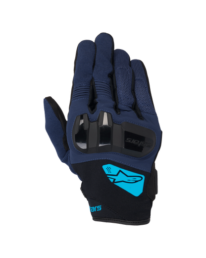 Alpinestars Chrome V2 Gloves, Motorcycle Gloves, Dark Blue and Black, featuring hard TPU knuckle protection, bright cyan Alpinestars logo on the wrist, short cuff urban riding gear