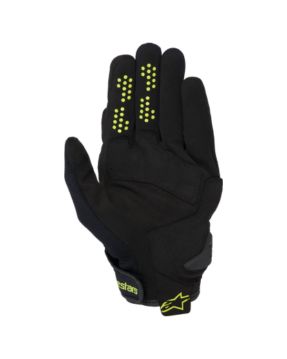 Alpinestars Chrome V2 Gloves, Short Cuff Motorcycle Gloves, Black with neon yellow accents, palm view showing synthetic suede construction, silicone grip dots on fingers, and hook-and-loop wrist closure with Alpinestars branding.