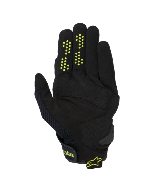 Alpinestars Chrome V2 Gloves, Short Cuff Motorcycle Gloves, Black with neon yellow accents, palm view showing synthetic suede construction, silicone grip dots on fingers, and hook-and-loop wrist closure with Alpinestars branding.