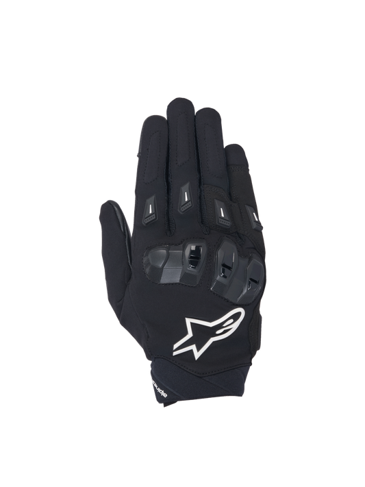 Alpinestars SP X 3 Gloves, men's motorcycle racing gloves in black and white with TPU knuckle protection and mesh panels.