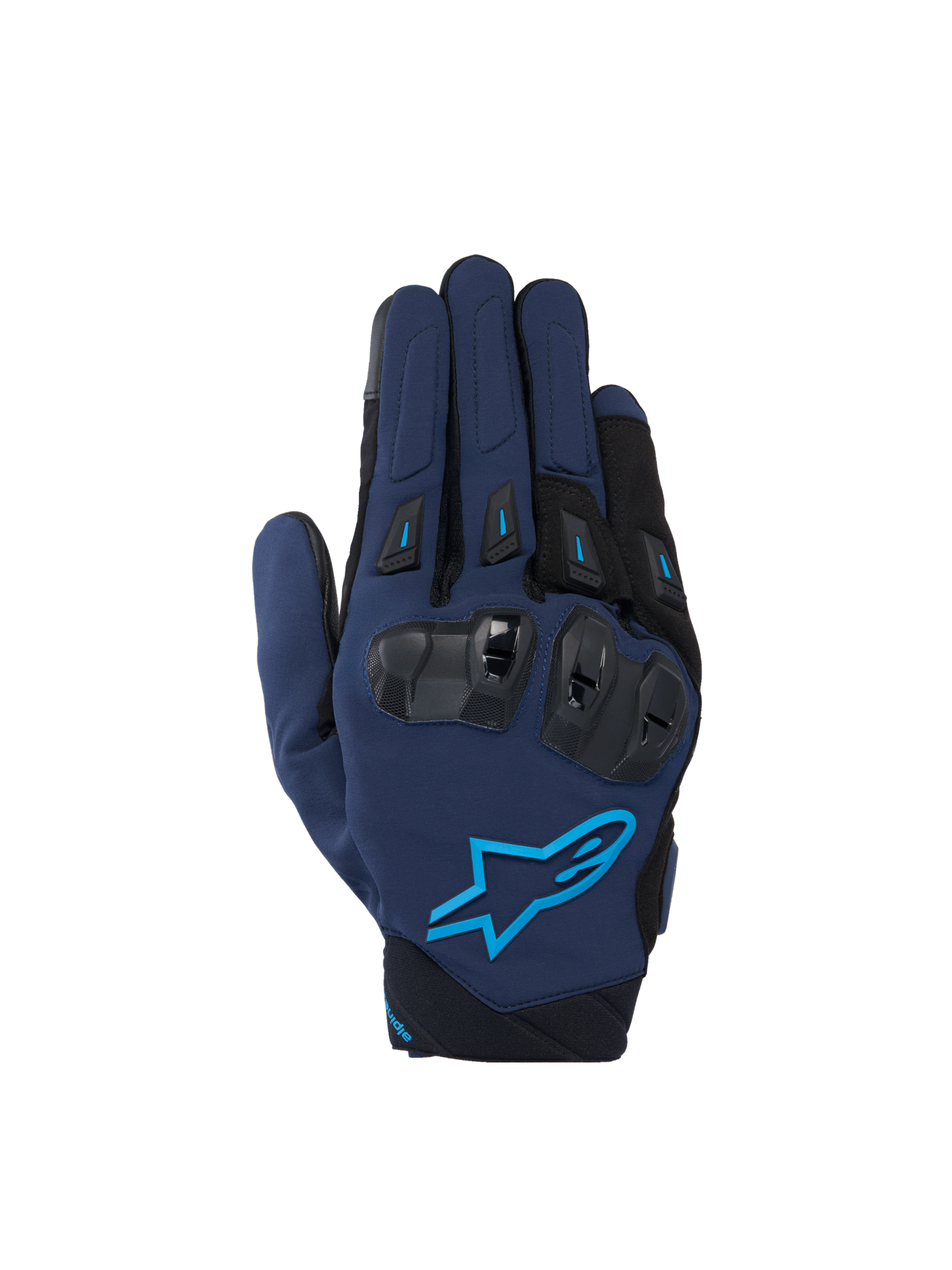 Alpinestars SP X 3 Gloves, Men's Motorcycle Sport Gloves in Dark Blue and Blithe Blue with TPU knuckle protection.
