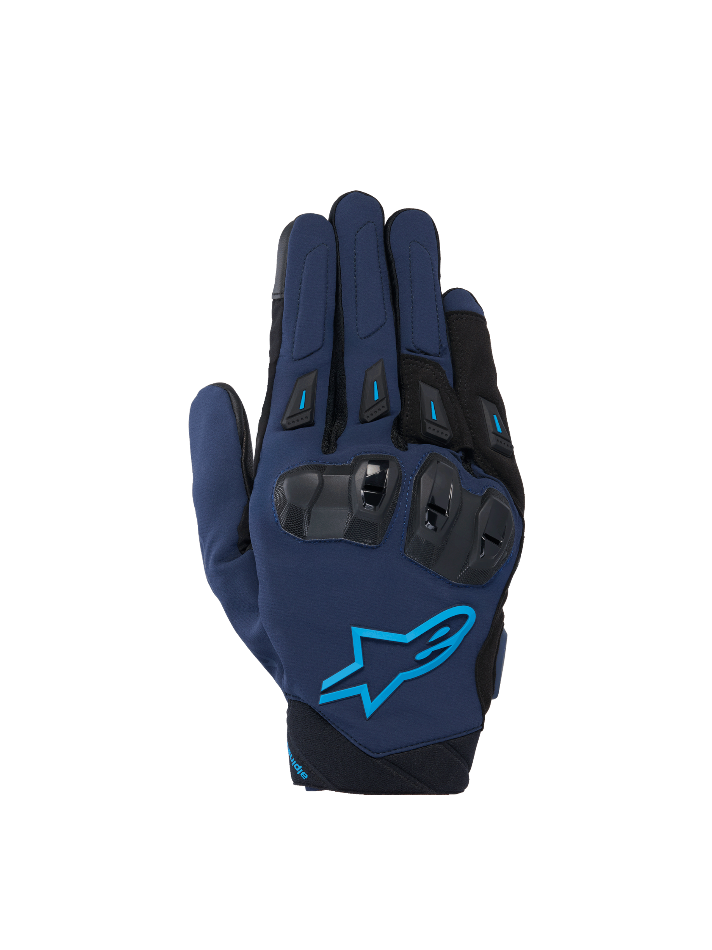 Alpinestars SP X 3 Gloves, Men's Motorcycle Sport Gloves in Dark Blue and Blithe Blue with TPU knuckle protection.
