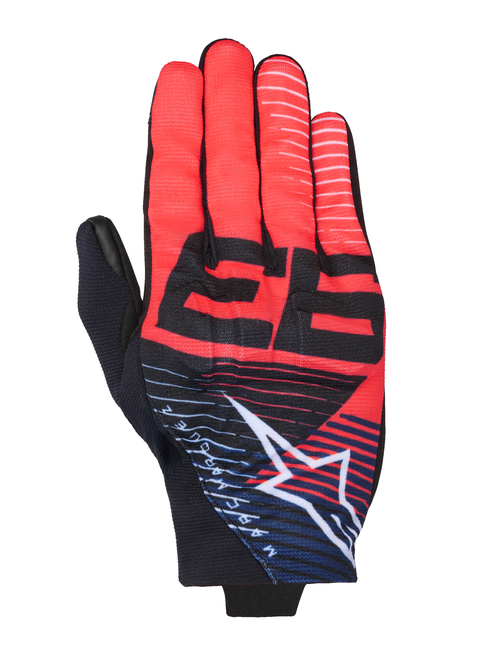 Alpinestars MM93 Reef V2 Gloves, motorcycle gloves, red and black with navy blue accents, featuring a prominent black 93 graphic, white Alpinestars star logo with stripes, and a contemporary sporty design with breathable stretch fabric.
