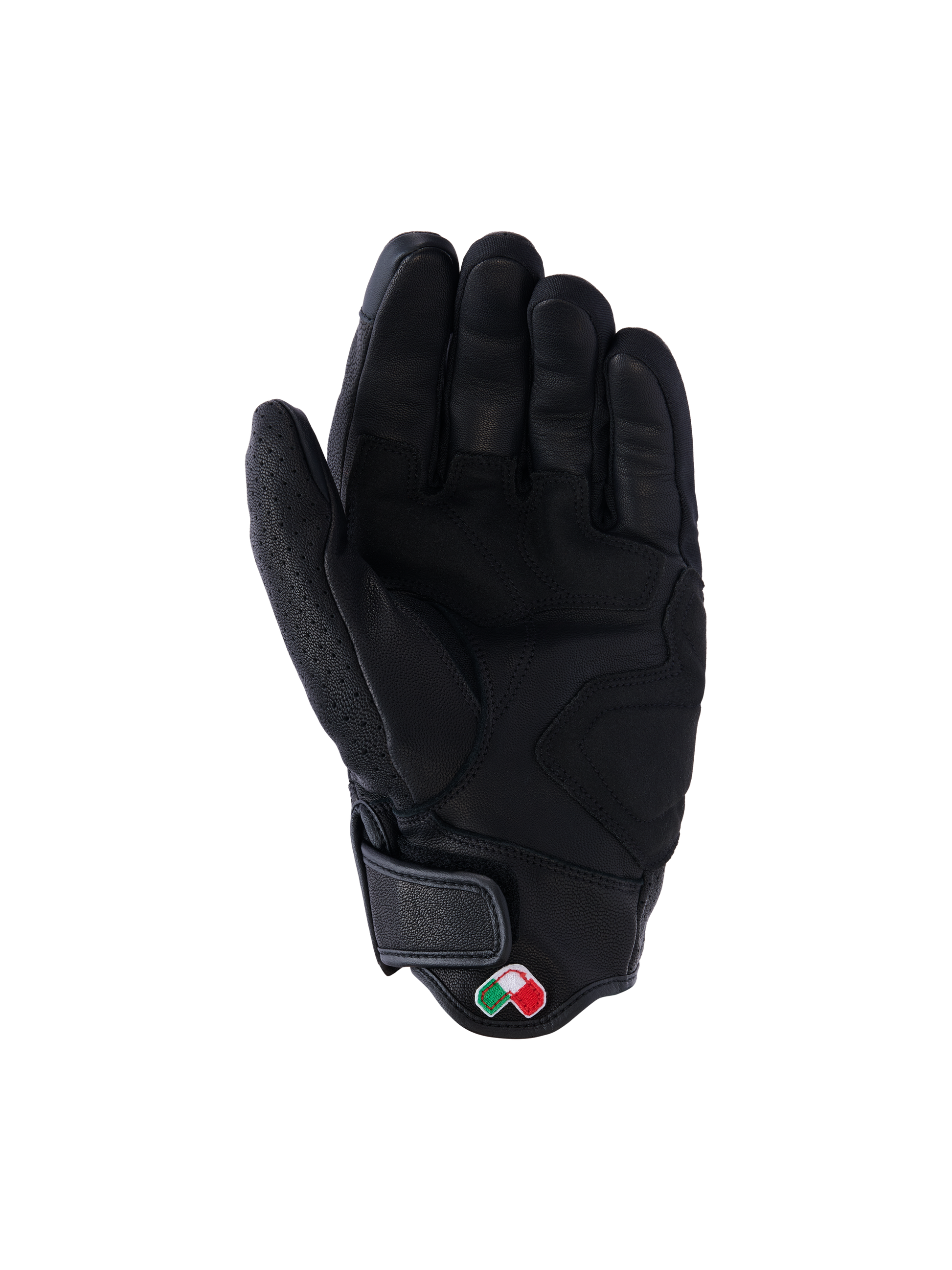 Alpinestars Mustang V3 Leather Gloves, Black, Palm View, premium goat leather construction with reinforced grip zones, short cuff with hook and loop closure and small embroidered logo patch, urban motorcycle protective gear