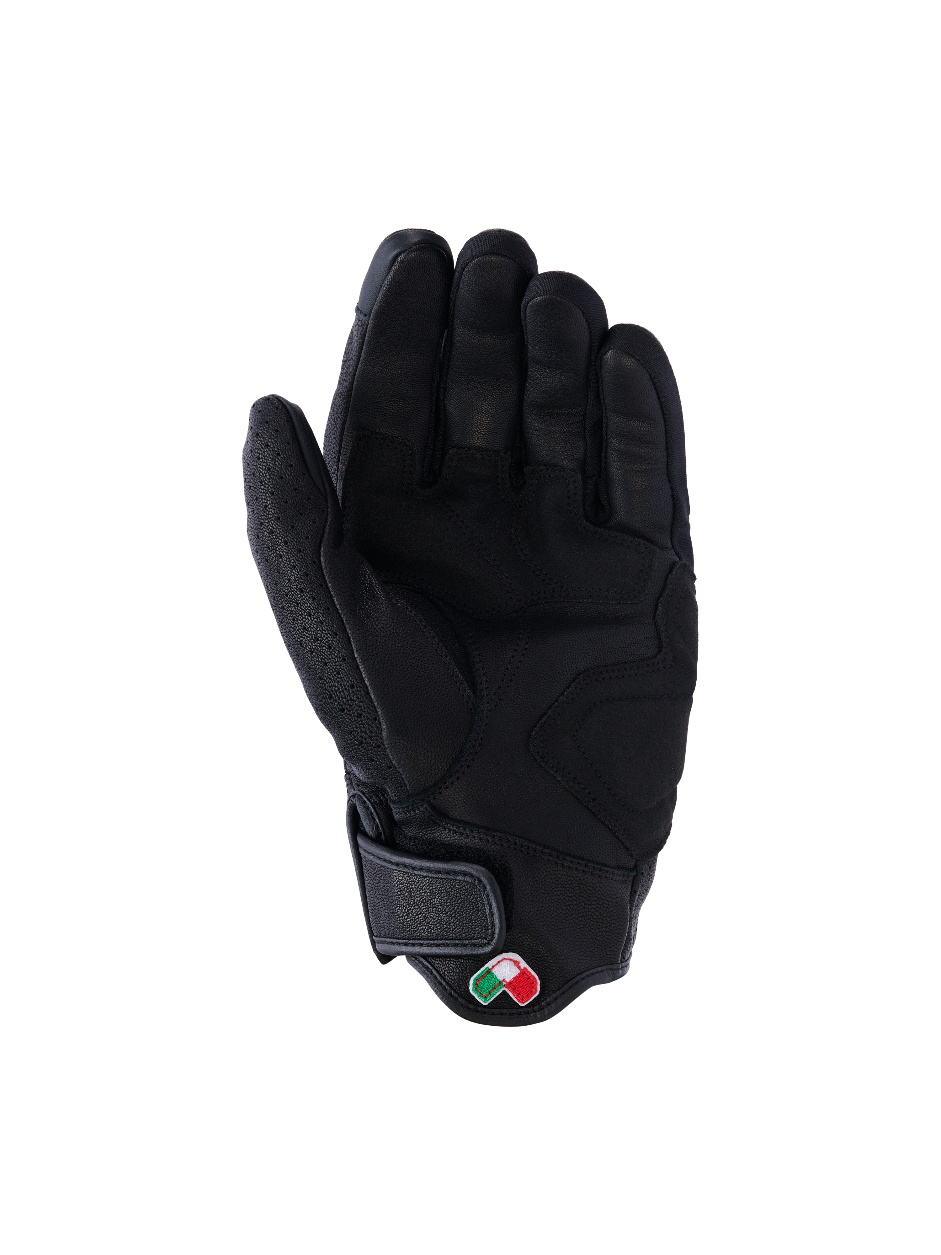 Alpinestars Mustang V3 Leather Gloves, Black, Palm View, premium goat leather construction with reinforced grip zones, short cuff with hook and loop closure and small embroidered logo patch, urban motorcycle protective gear