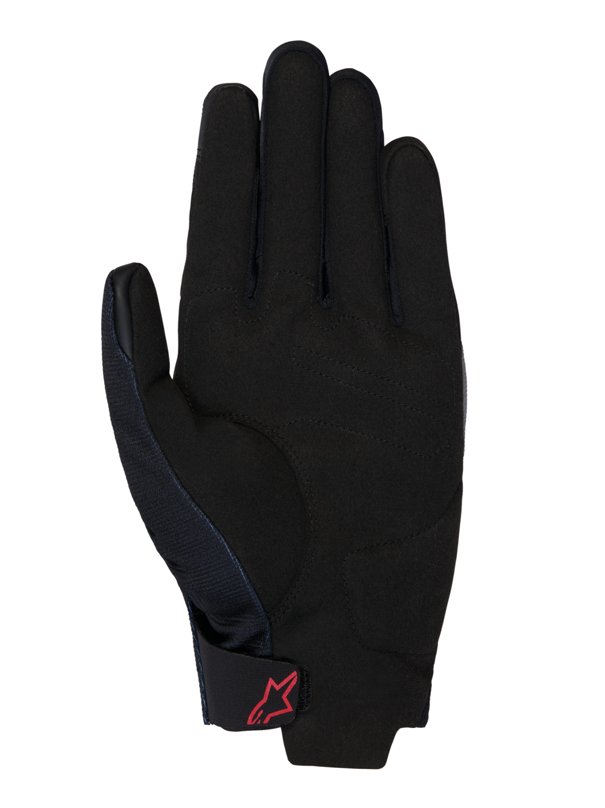 Honda Reef V2 Gloves, palm view, black synthetic suede with padded reinforcement, red Alpinestars logo on the hook-and-loop wrist strap, short cuff design for motorcycle riding