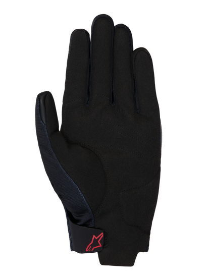 Honda Reef V2 Gloves, palm view, black synthetic suede with padded reinforcement, red Alpinestars logo on the hook-and-loop wrist strap, short cuff design for motorcycle riding