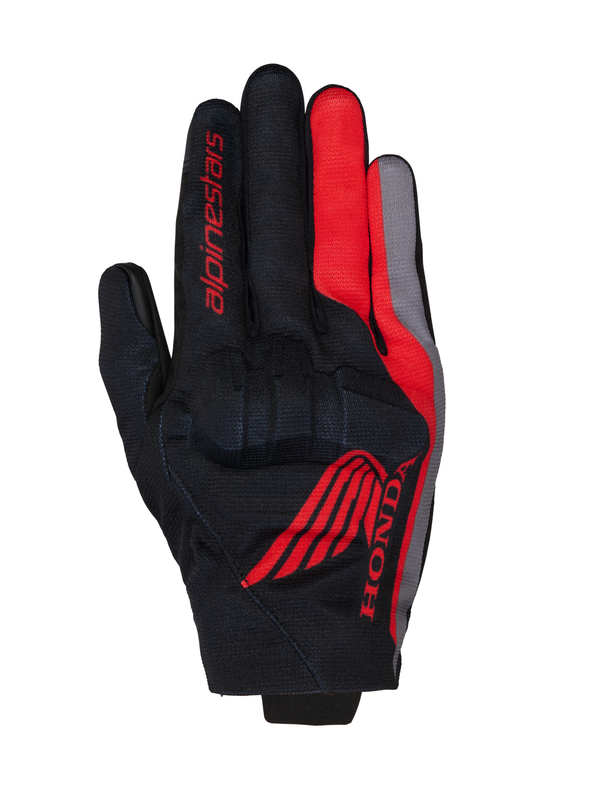 Alpinestars Honda Reef V2 Gloves, Motorcycle Gloves, Black with Bright Red and Dark Gray accents, featuring red Honda wing logo and Alpinestars branding, breathable textile construction with integrated knuckle protection, short cuff design