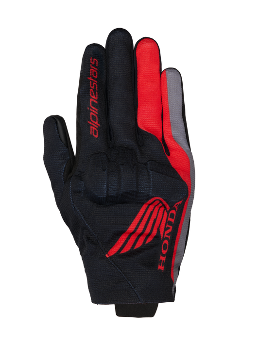 Alpinestars Honda Reef V2 Gloves, Motorcycle Gloves, Black with Bright Red and Dark Gray accents, featuring red Honda wing logo and Alpinestars branding, breathable textile construction with integrated knuckle protection, short cuff design