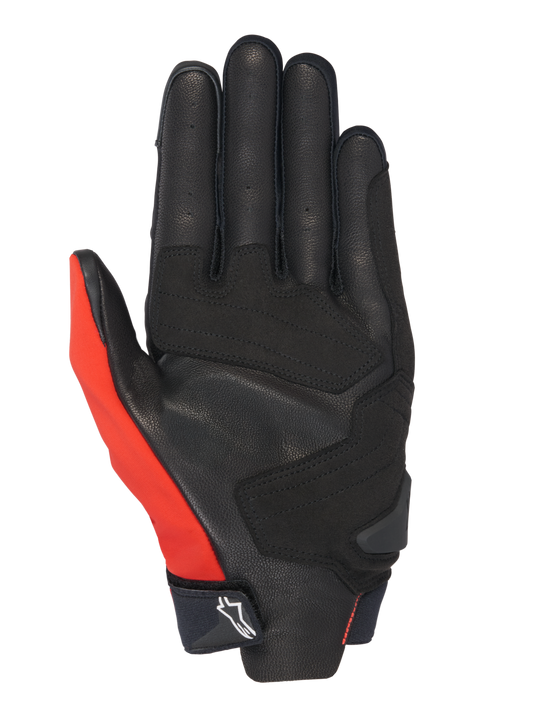 Alpinestars Honda SP X 3 Gloves, Motorcycle Gloves, Bright Red Black and White, palm view featuring perforated leather construction with synthetic reinforcements, a bright red thumb panel, and a compact cuff with an Alpinestars logo.
