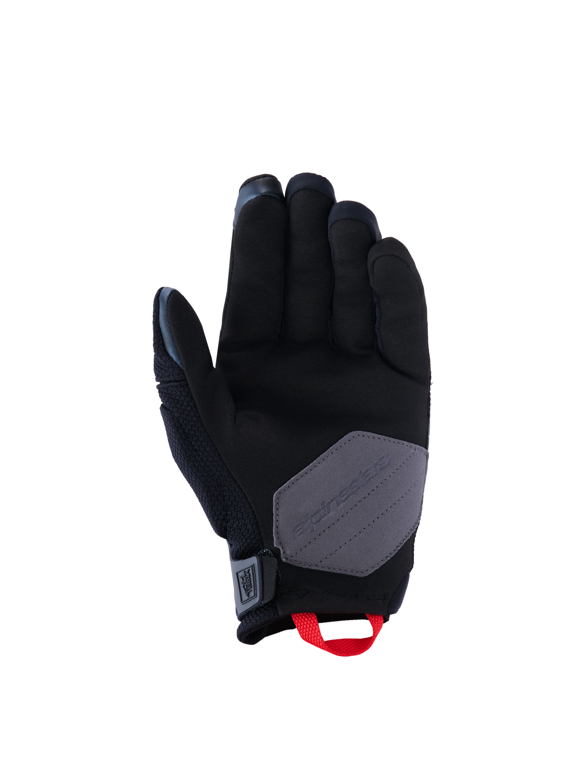 Alpinestars Durack Gloves, Motorcycle Gloves, Black Deep Gray and Bright Red, palm view showing synthetic suede construction with a gray reinforcement patch and bright red pull loop, adventure and dual-sport riding gear