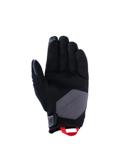 Alpinestars Durack Gloves, Motorcycle Gloves, Black Deep Gray and Bright Red, palm view showing synthetic suede construction with a gray reinforcement patch and bright red pull loop, adventure and dual-sport riding gear