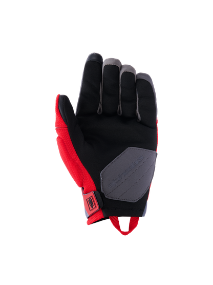 Alpinestars Durack Gloves, Motorcycle Gloves, Bright Red and Mid Gray, palm view featuring synthetic suede construction, black palm with gray reinforcement patch, red side panels and wrist pull loop