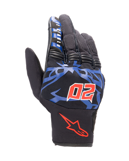 Alpinestars FQ20 Copper Gloves, urban motorcycle gloves, black with blue graphics and bright red accents, featuring the red horned number 20 and "El Diablo" text on the index finger, mesh fabric construction with a short-cuff design