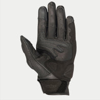 Alpinestars Mustang V2 Gloves, Black leather motorcycle gloves, palm view showing perforated leather, synthetic suede reinforcements, and hook-and-loop wrist closure, urban road riding gear