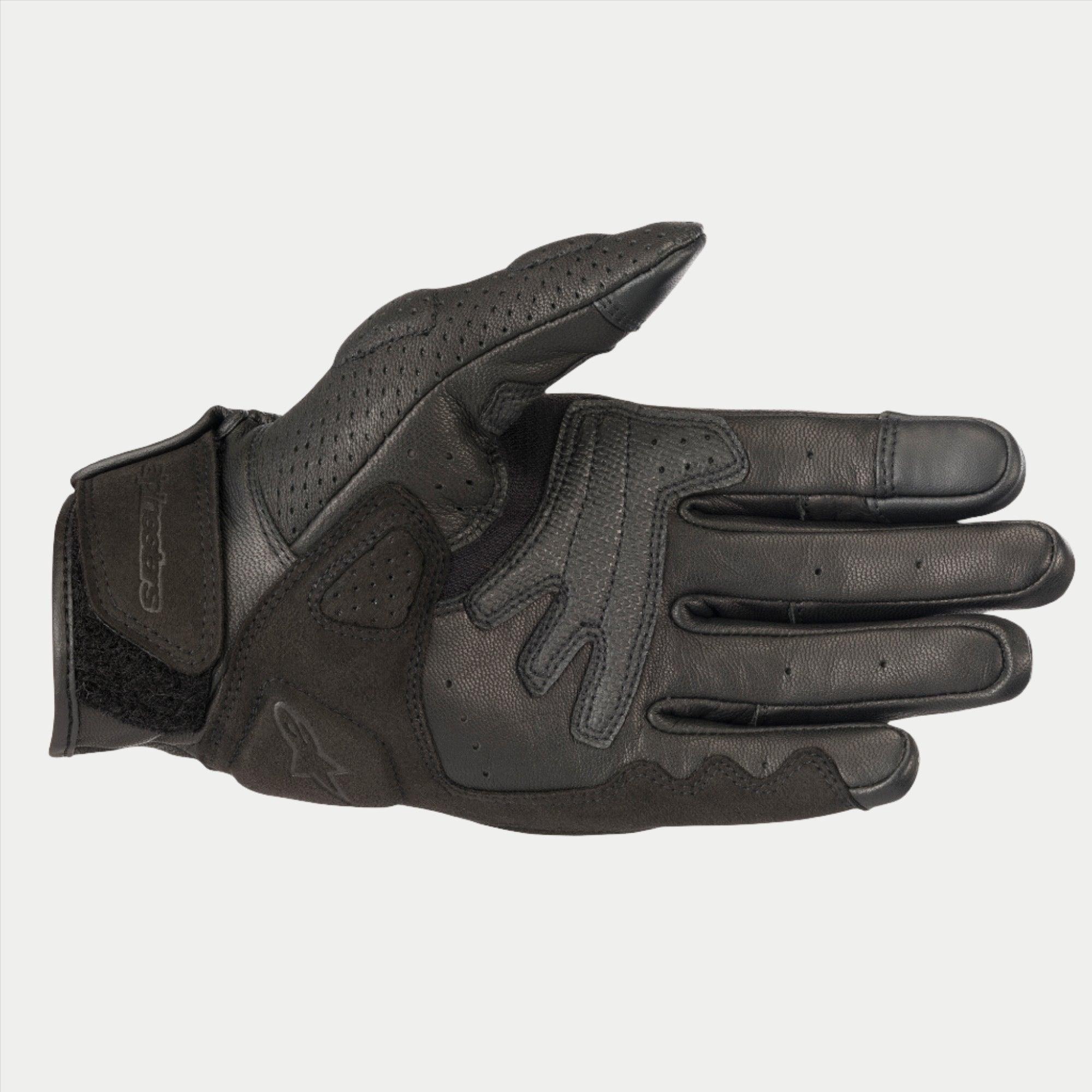 Alpinestars Mustang V2 Gloves, Black leather motorcycle gloves, palm view showing perforated leather, synthetic suede reinforcements, and hook-and-loop wrist closure, urban road riding gear