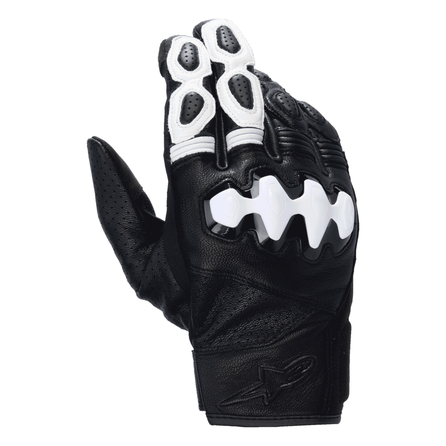 Alpinestars Celer V3 short cuff road gloves, black and white goat leather with segmented knuckle protection.