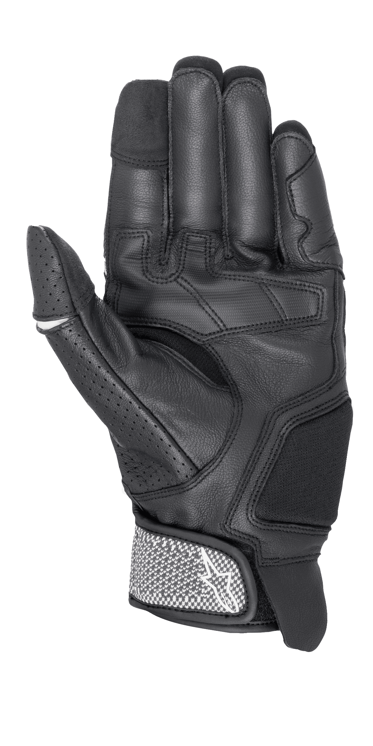 Alpinestars Morph Sport Gloves, Motorcycle Gloves, Black and White, palm side view showing reinforced panels, perforated thumb, and textured wrist strap with Alpinestars logo