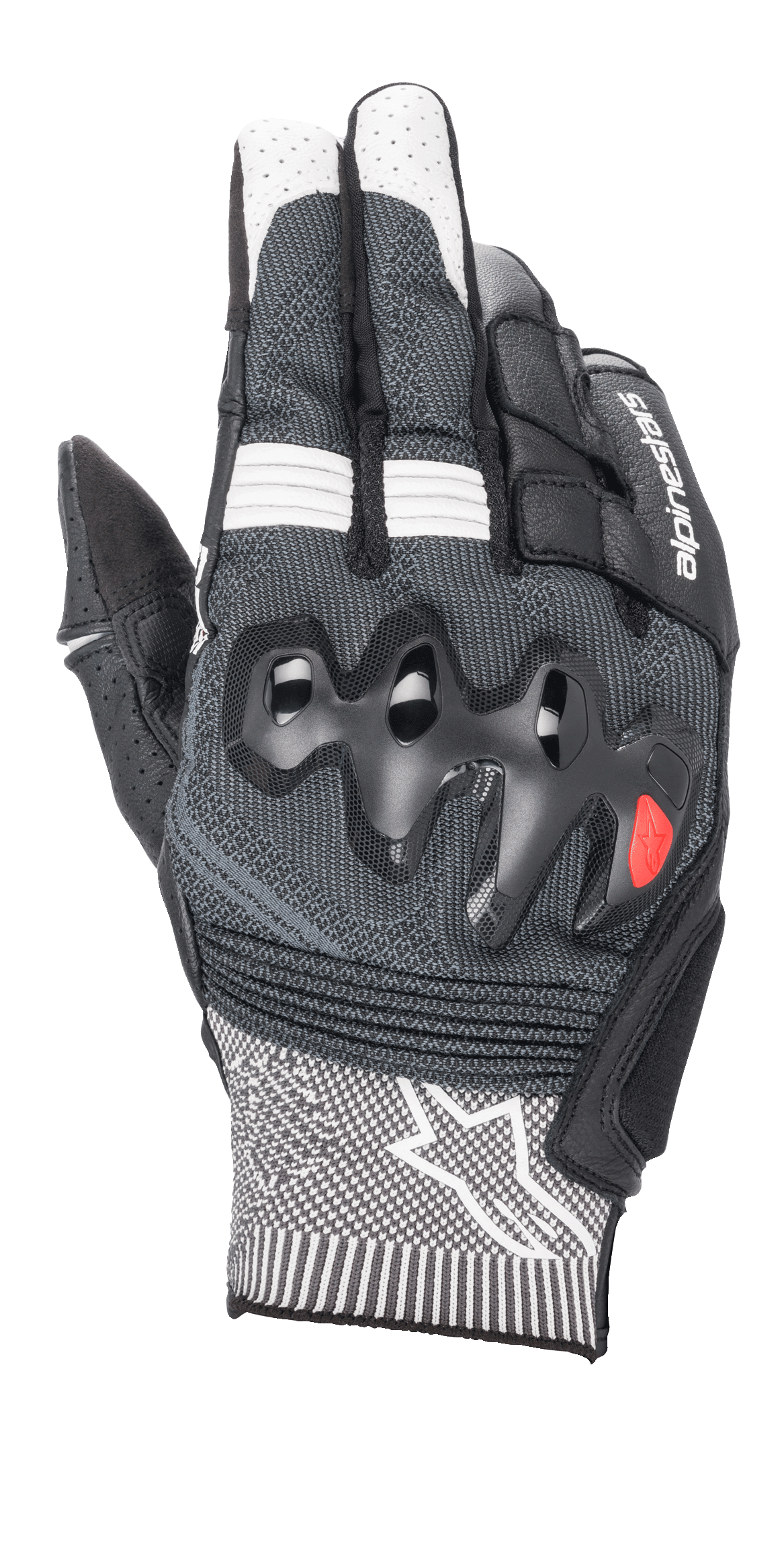 Alpinestars Morph Sport Gloves, Motorcycle Riding Gloves, Black and White, featuring gray MorphTech Weave backhand, over-injected knuckle protection, RIDEKNIT inserts, and white star logo on the cuff