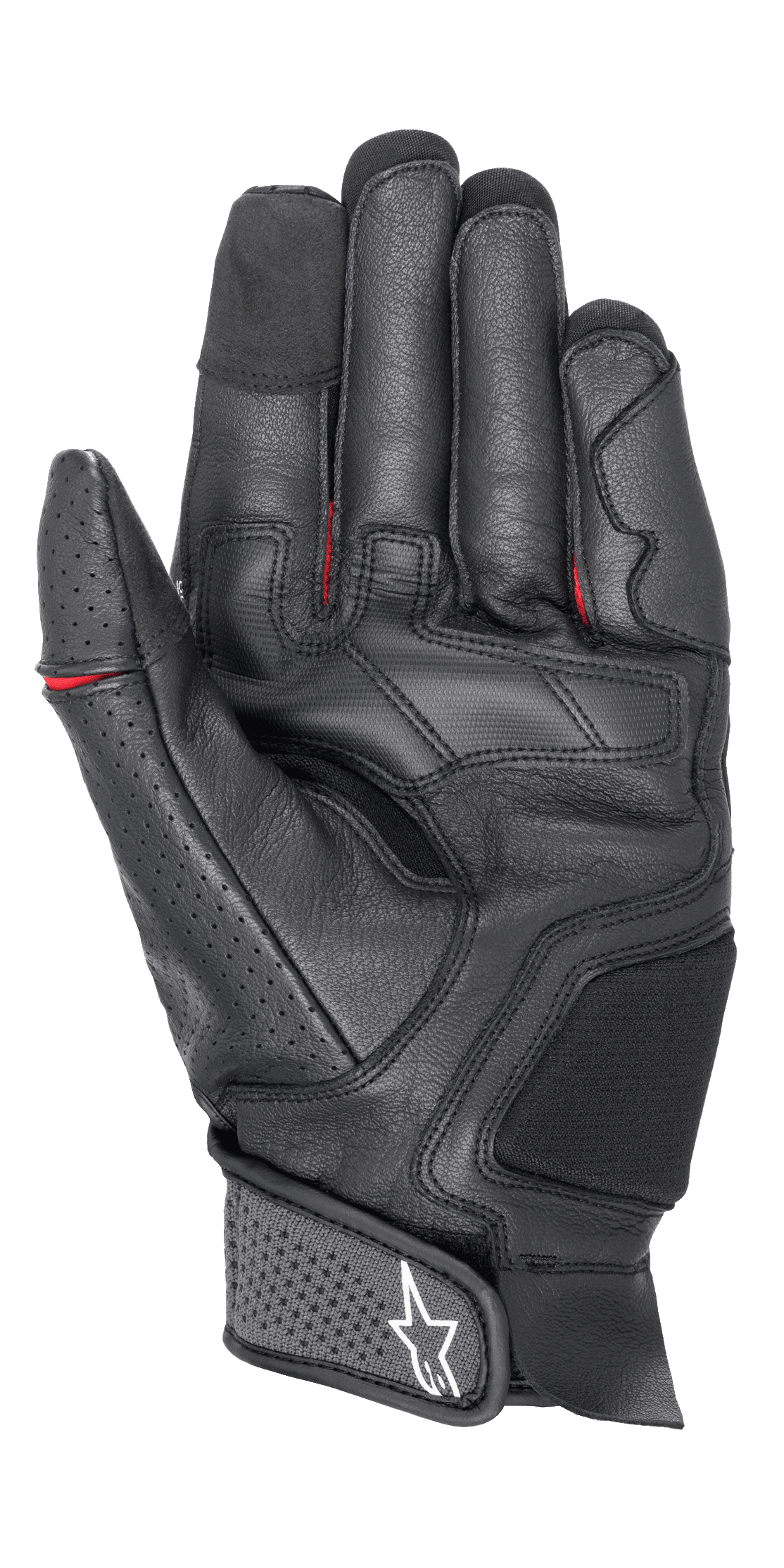 Alpinestars Morph Sport Gloves, Motorcycle Sport Gloves, Black and Bright Red, palm side view showcasing minimal seam leather construction, touchscreen compatible fingertips, white star logo on the wrist closure, and subtle red detailing between fingers.