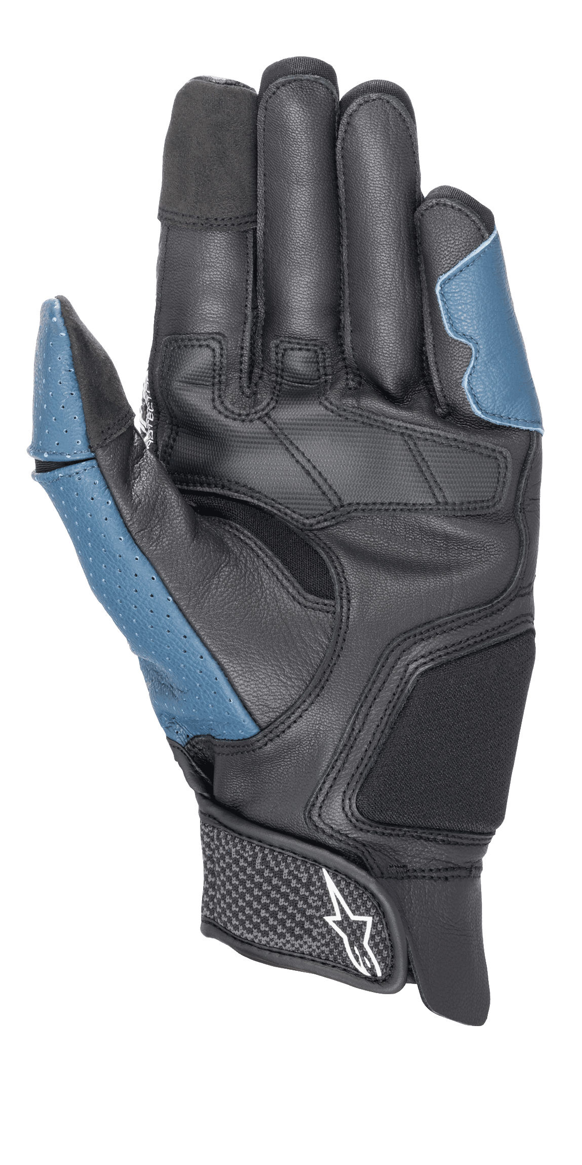 Alpinestars Morph Sport Gloves, palm side view, Black and Blue Sodalite, featuring reinforced leather palm, perforated blue panels on the thumb and outer side, short cuff with hook-and-loop strap and Alpinestars logo, performance gear for sport and road riding