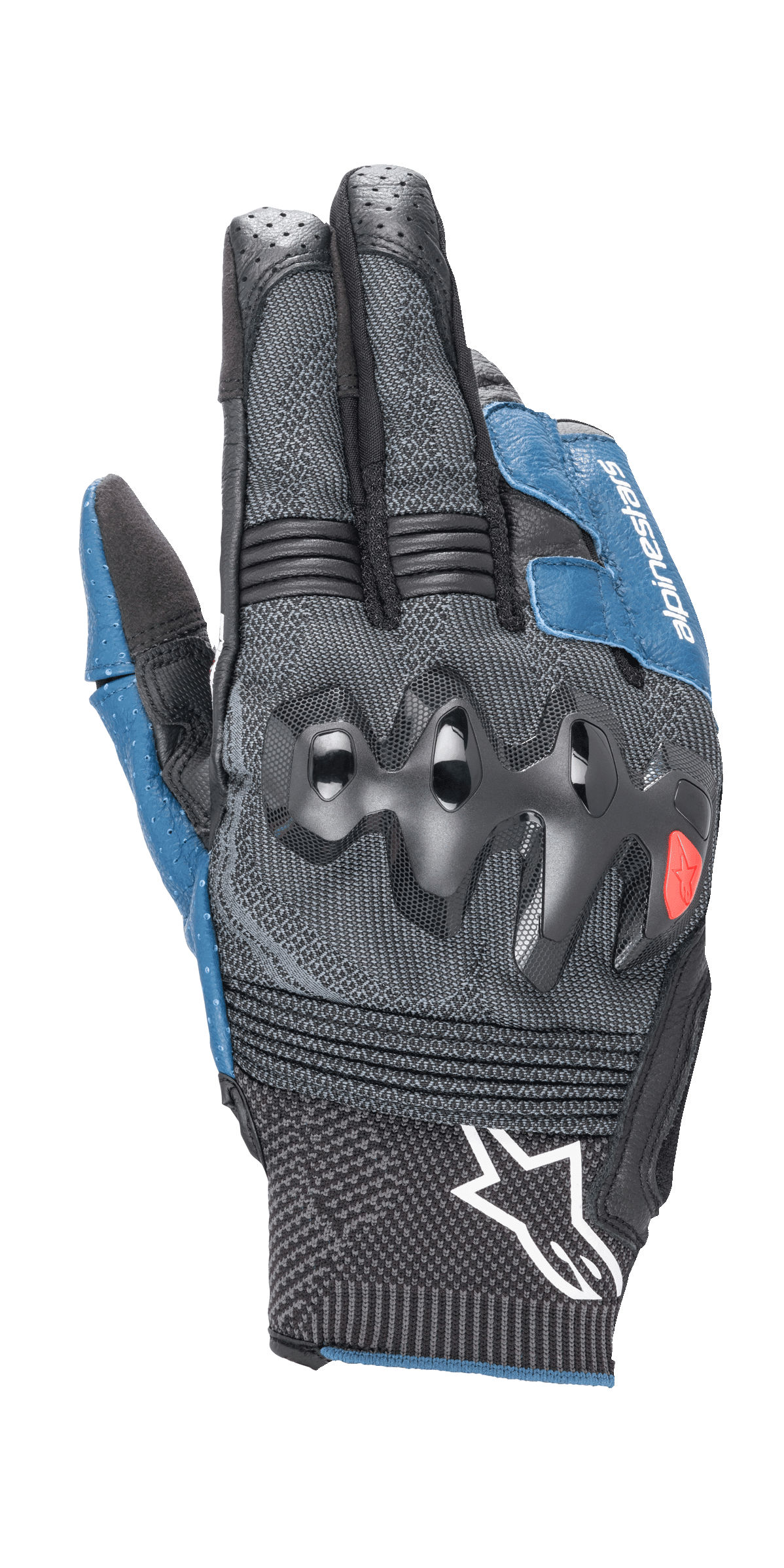 Alpinestars Morph Sport Gloves, Motorcycle Gloves, Black and Blue Sodalite, featuring over-injected knuckle guards, MorphTech Weave backhand with RIDEKNIT inserts, white star logo on the cuff, technical textured fabric for road racing