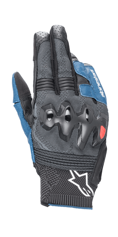 Alpinestars Morph Sport Gloves, Motorcycle Gloves, Black and Blue Sodalite, featuring over-injected knuckle guards, MorphTech Weave backhand with RIDEKNIT inserts, white star logo on the cuff, technical textured fabric for road racing