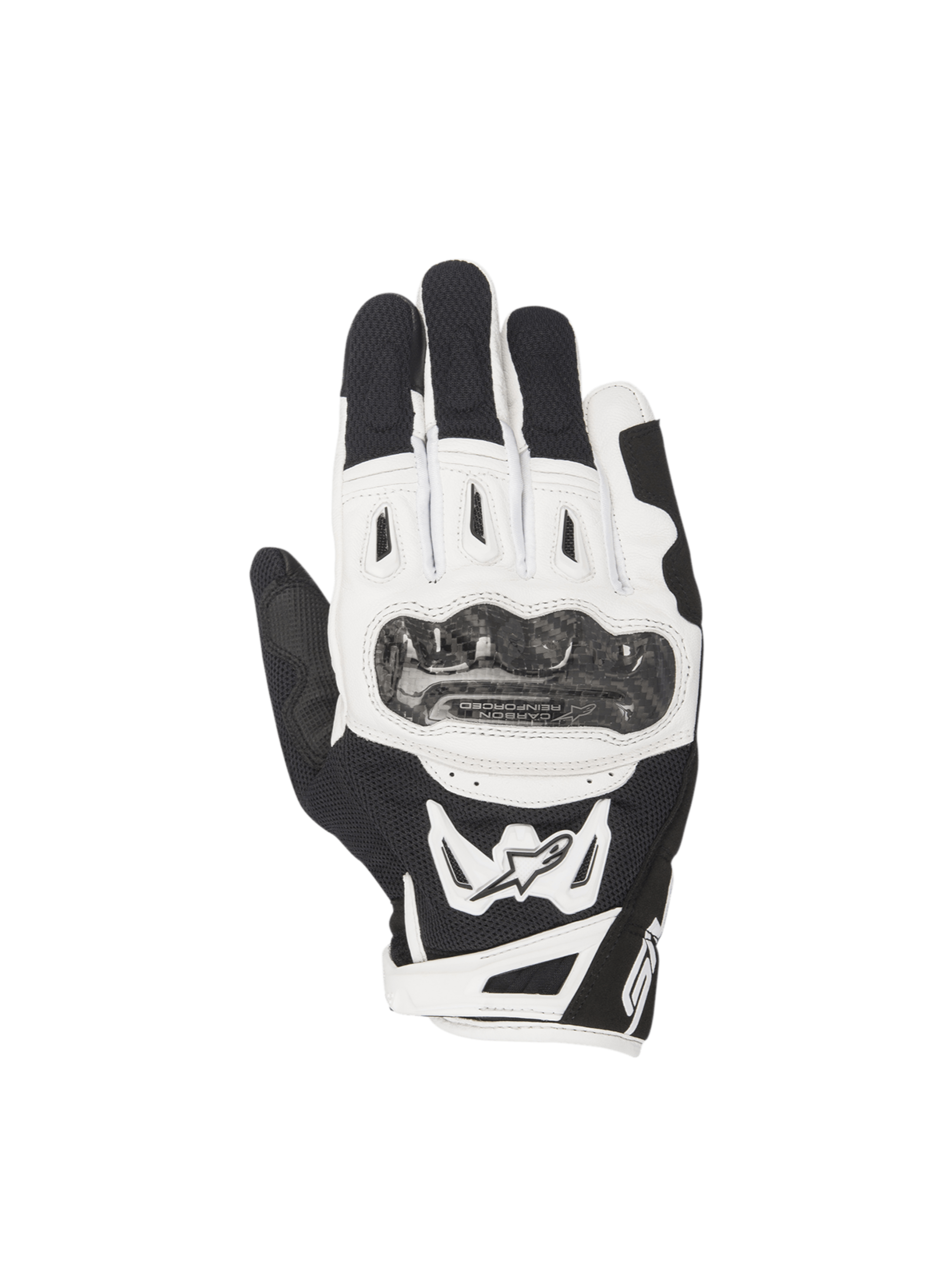 Alpinestars SMX-2 Air Carbon V2 Men's motorcycle gloves, black and white leather and mesh with carbon fiber knuckle guards.